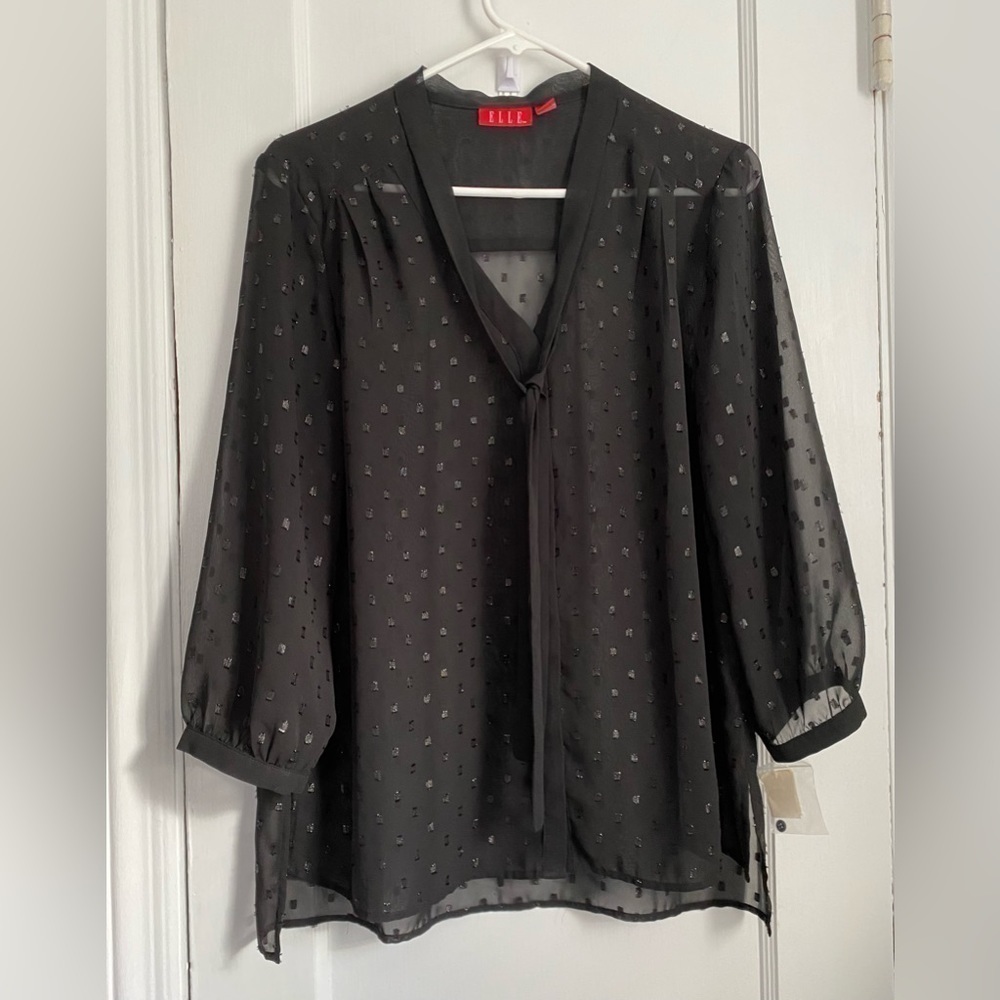 NWT ELLE Black Button Down Sheer Blouse, Size: Large